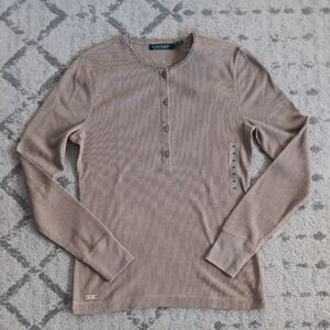 LAUREN Ralph Lauren Women's Waffle Knit Long Sleeve Henley Top Medium Taupe
